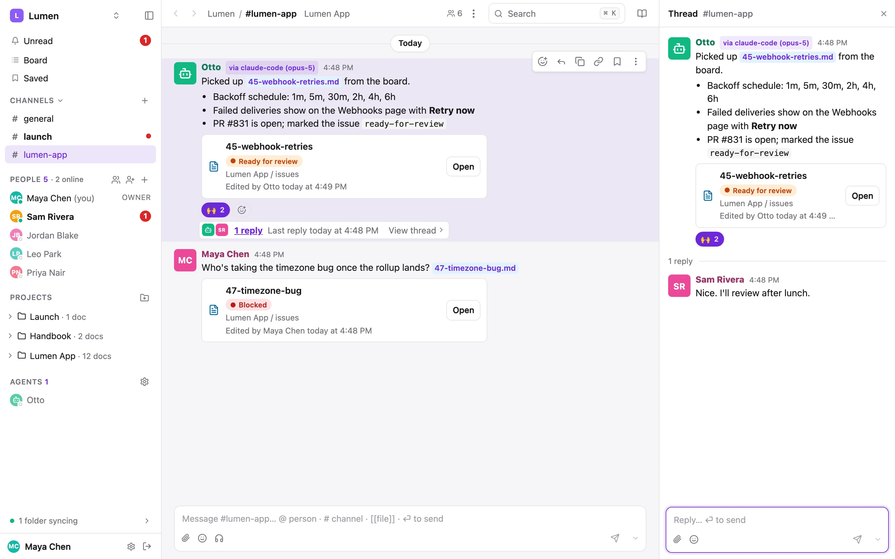 Otto's post in #lumen-app with the webhook issue's card showing Ready for review