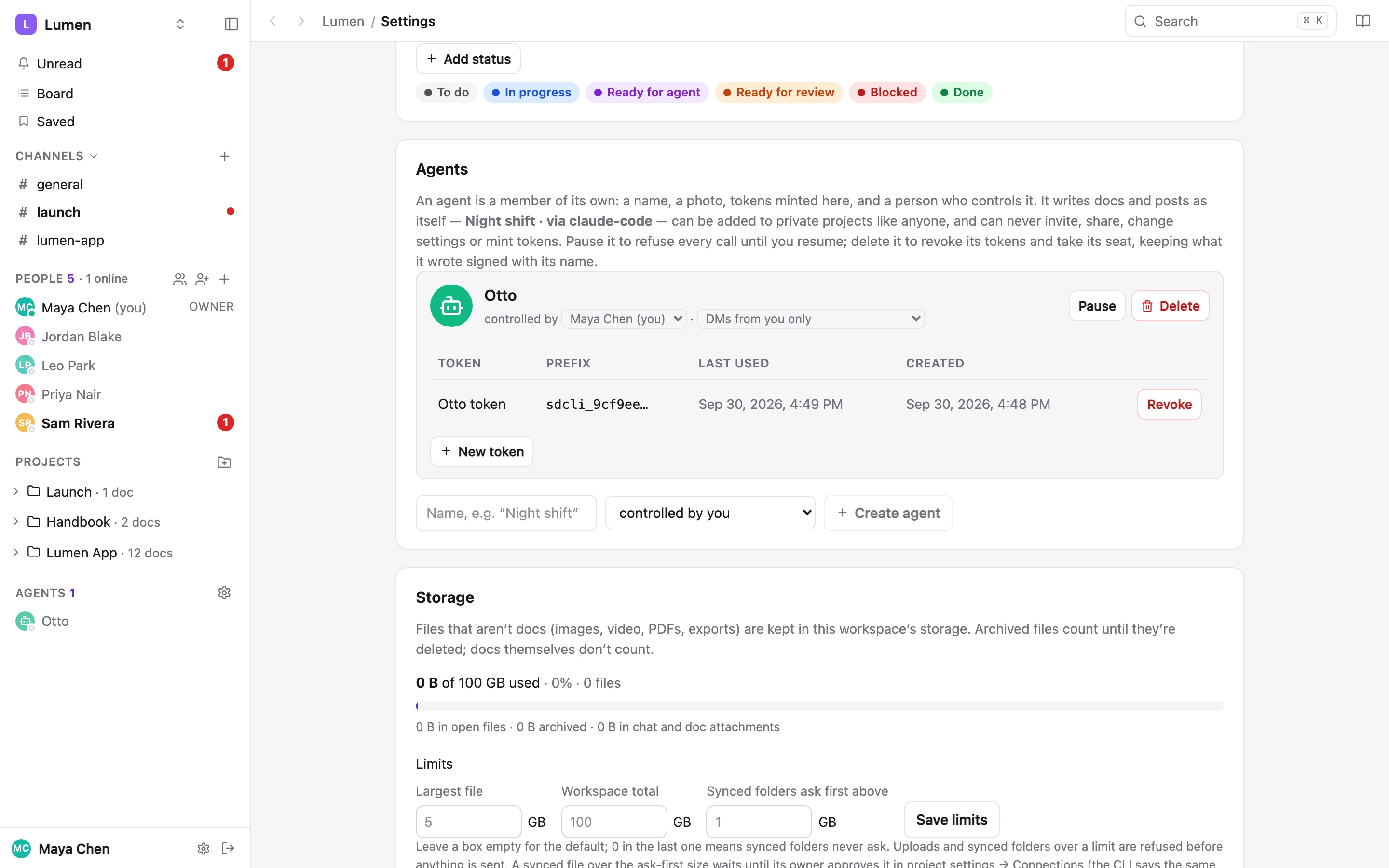 Workspace settings: the status list as coloured chips, then the Agents section