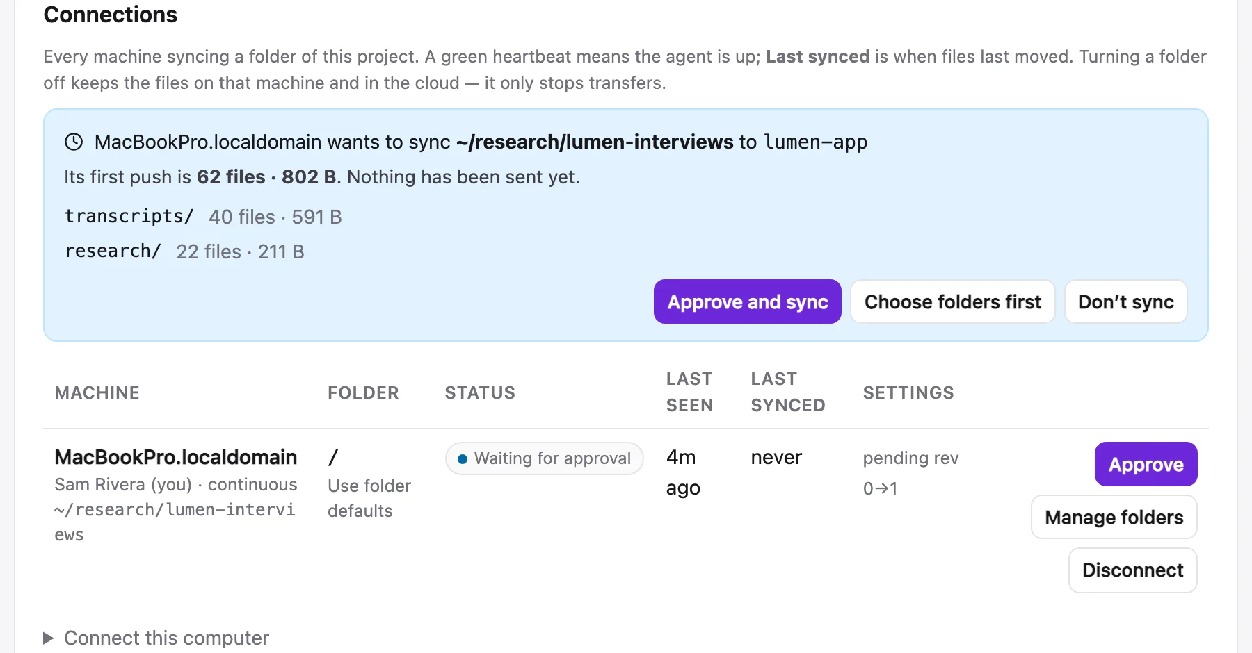 A connection waiting for approval: 62 files, 802 B, two folders, with Approve and sync, Choose folders first and Don’t sync