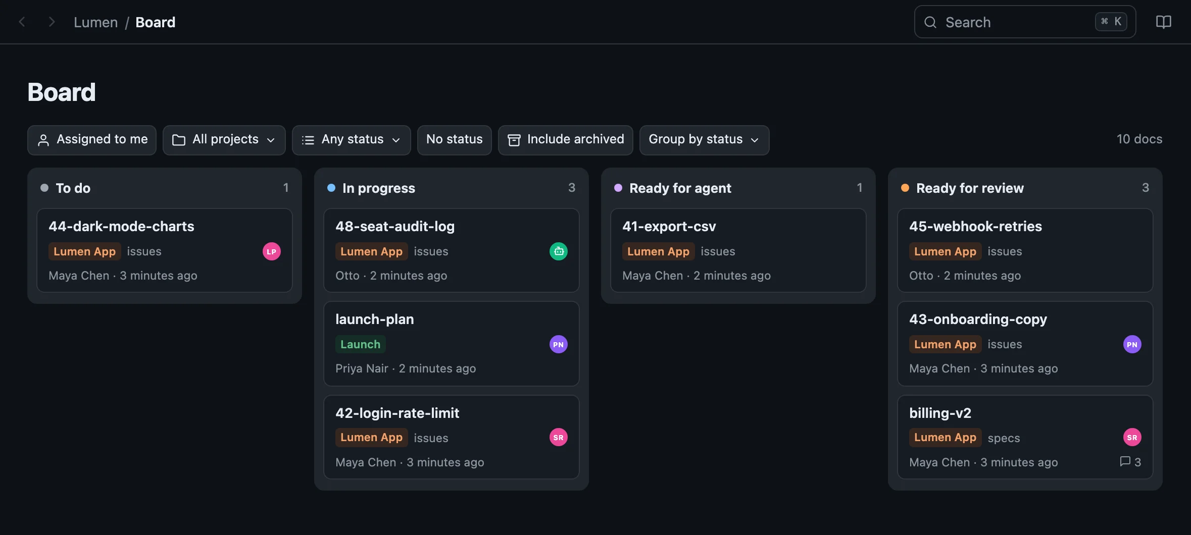 The board: docs as cards in status columns across projects