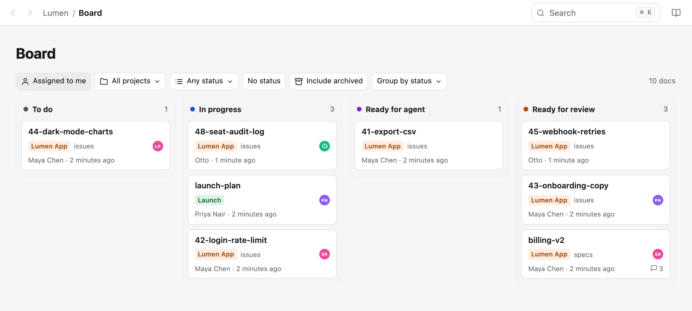 The board: docs as cards in status columns across projects