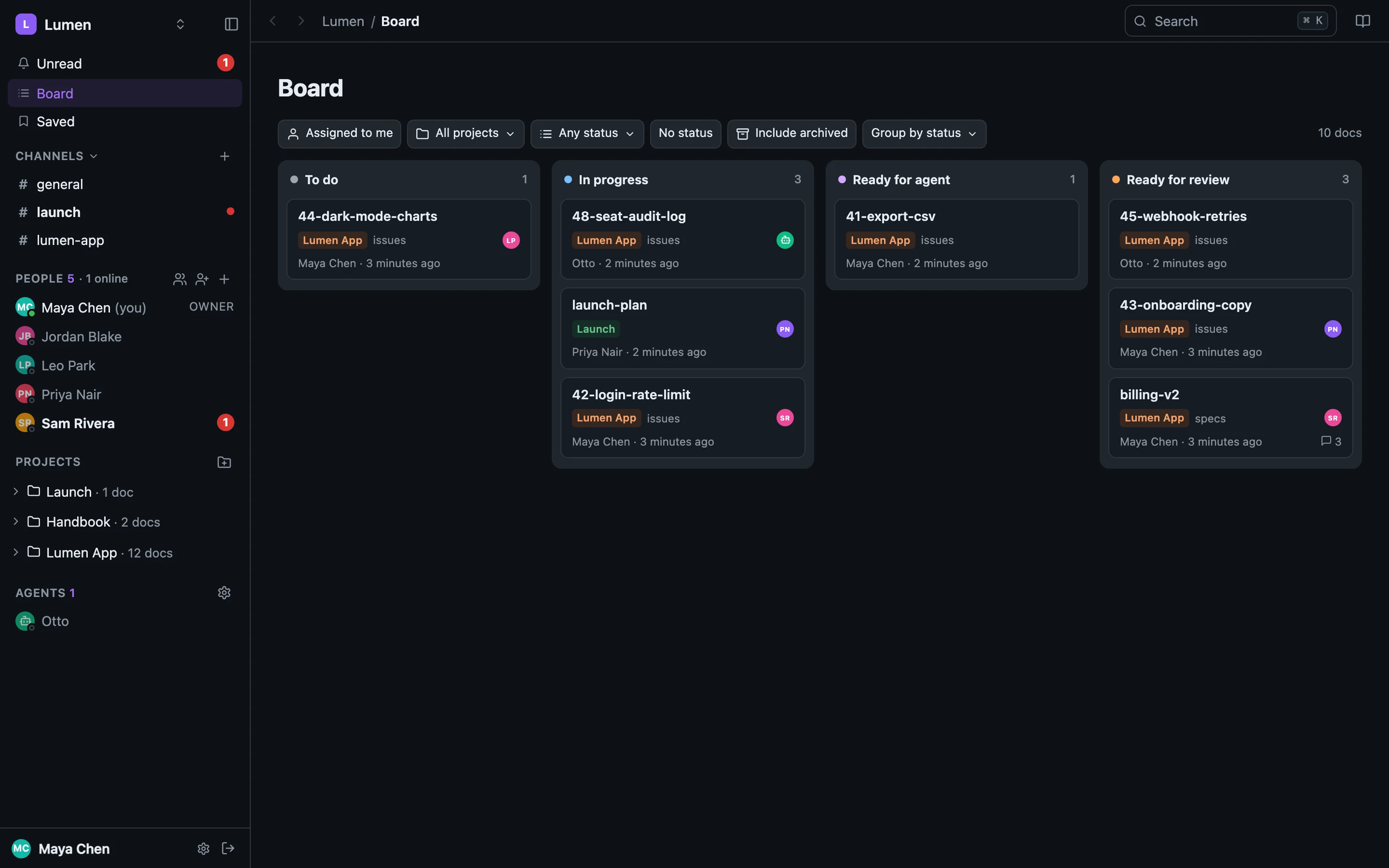 The board: docs as cards in status columns across projects