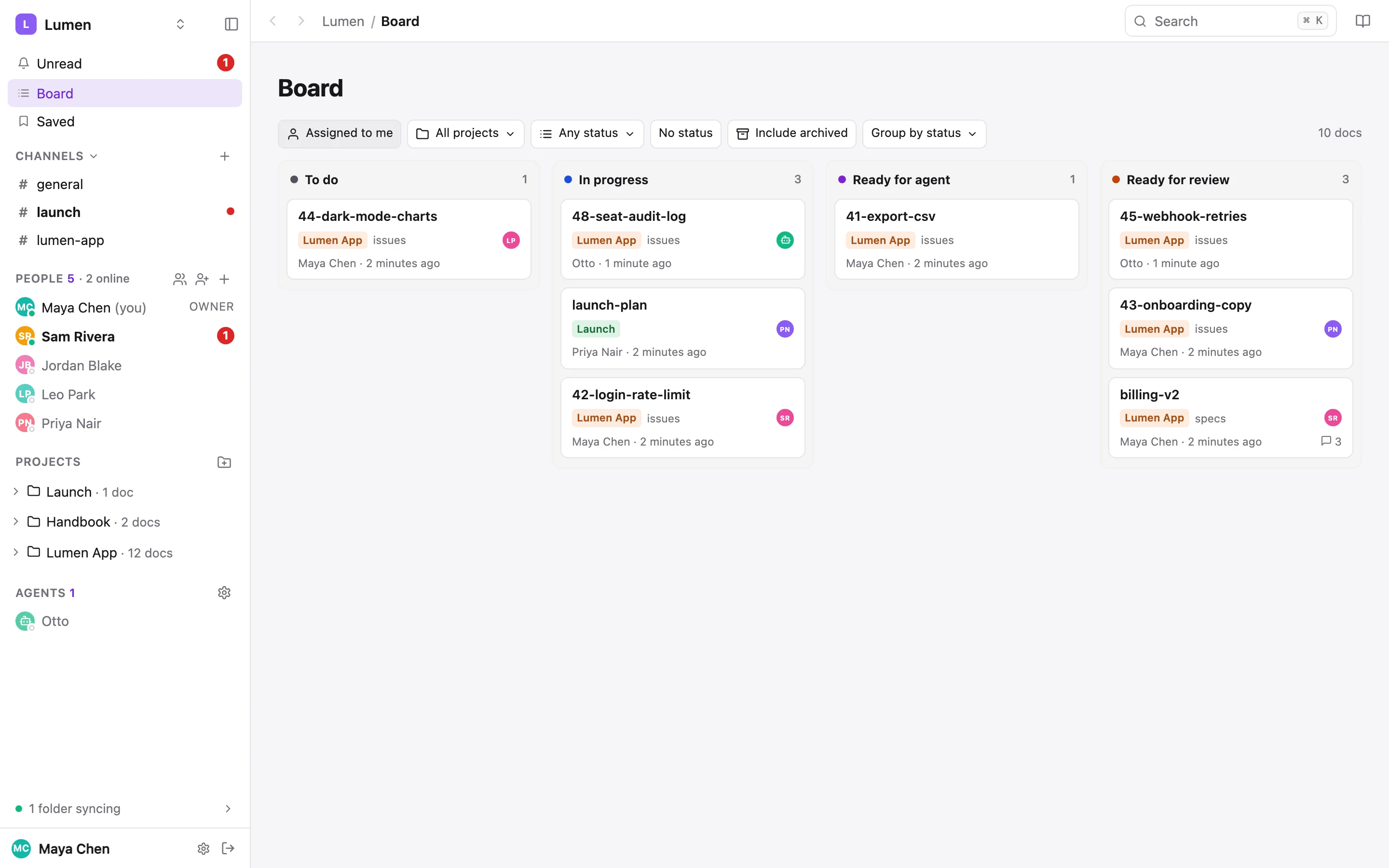 The board: docs as cards in status columns across projects