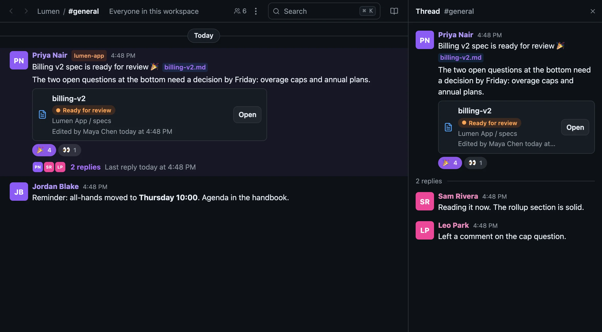A channel in share-doc with a doc card that shows the spec's live status