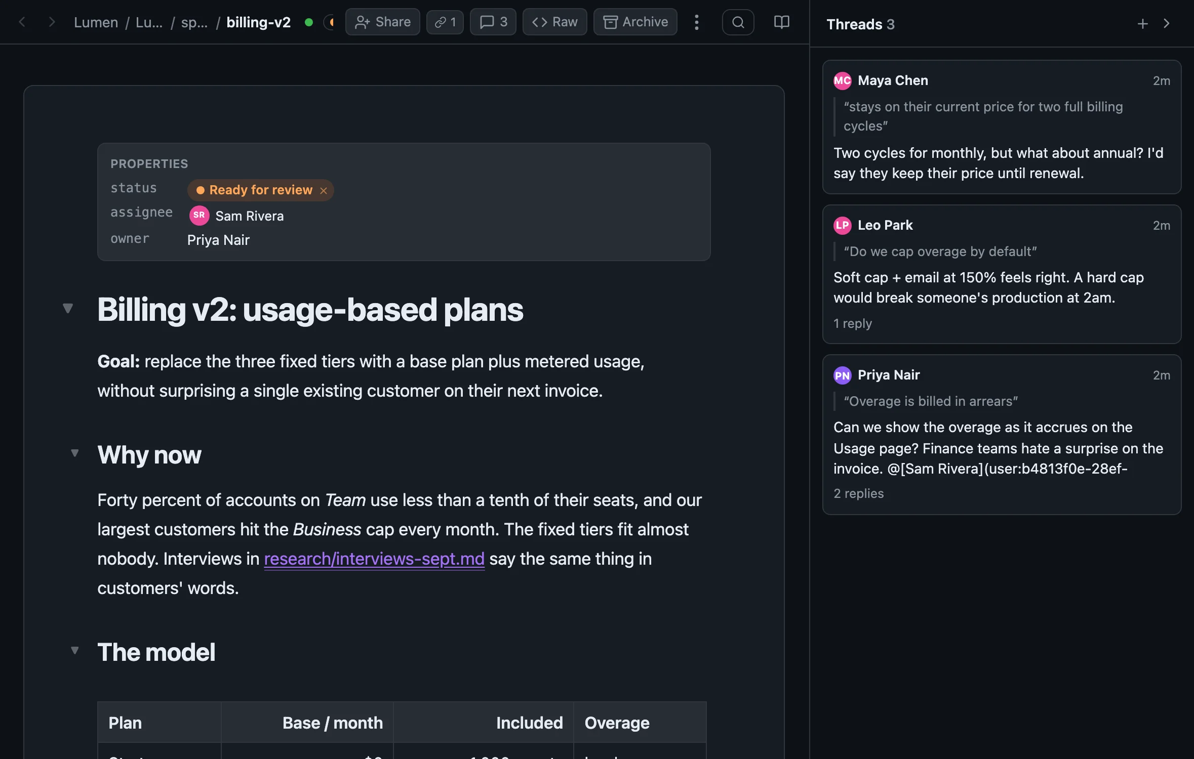 The share-doc editor with comment threads