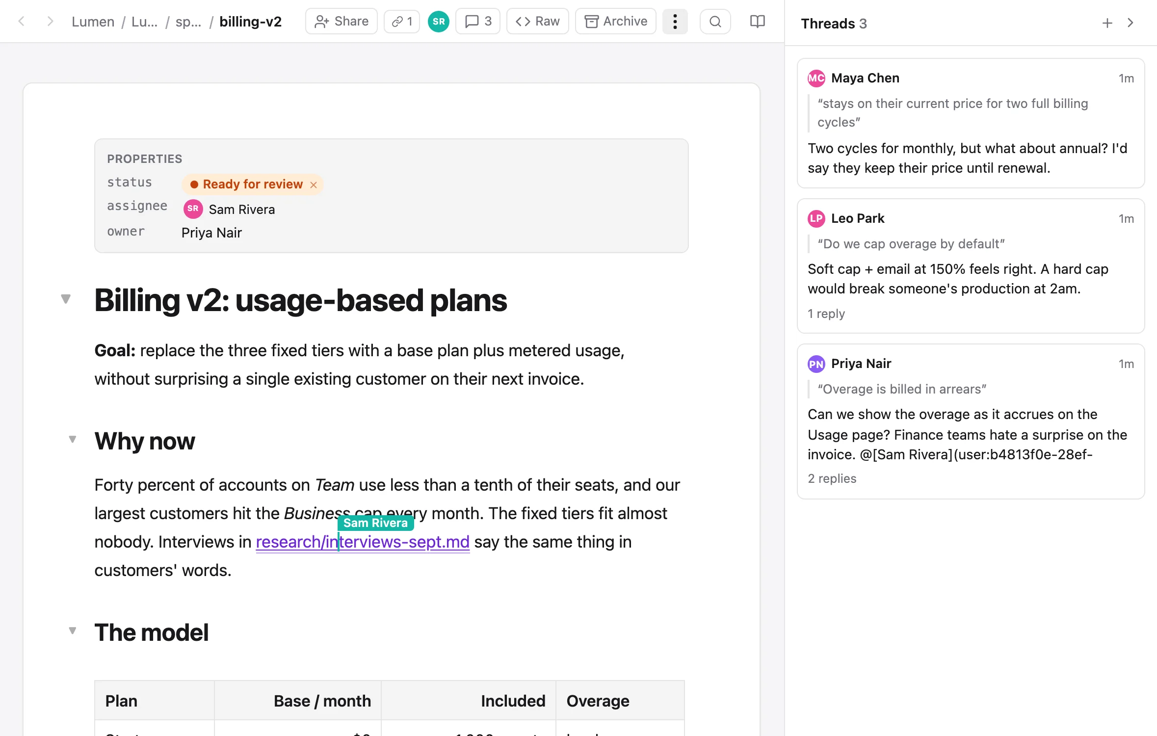 The share-doc editor with comment threads