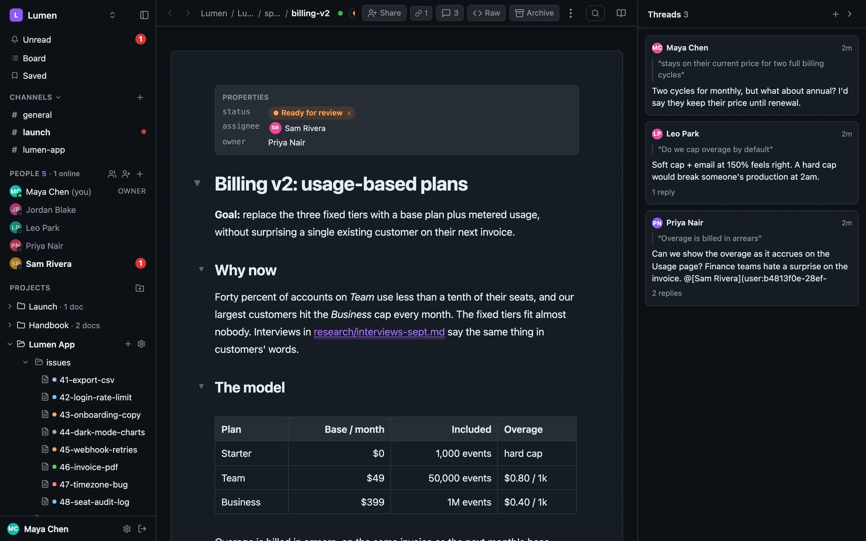 A spec open in share-doc: status chips, a live cursor from a teammate, and three comment threads beside the text
