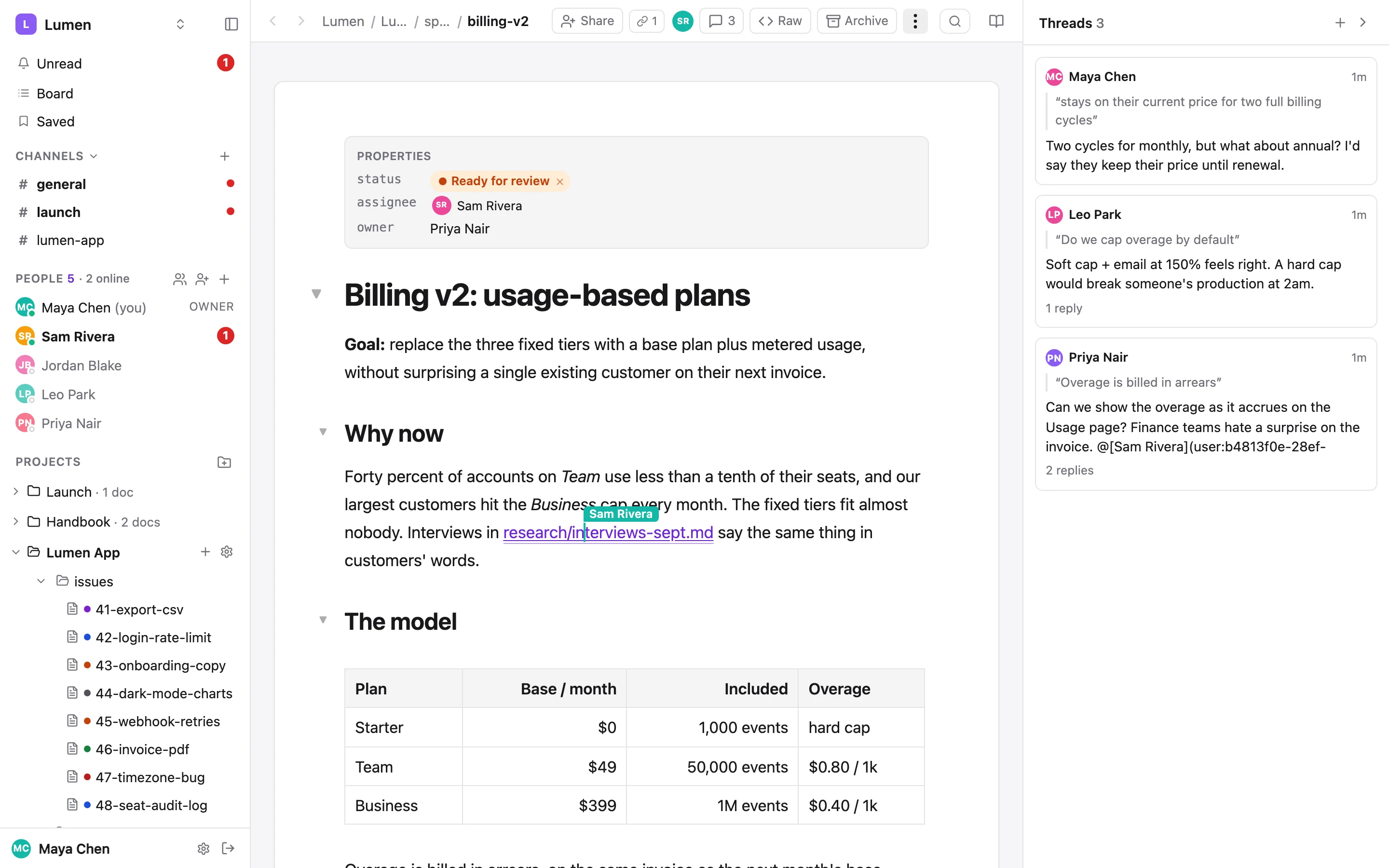 A spec open in share-doc: status chips, a live cursor from a teammate, and three comment threads beside the text