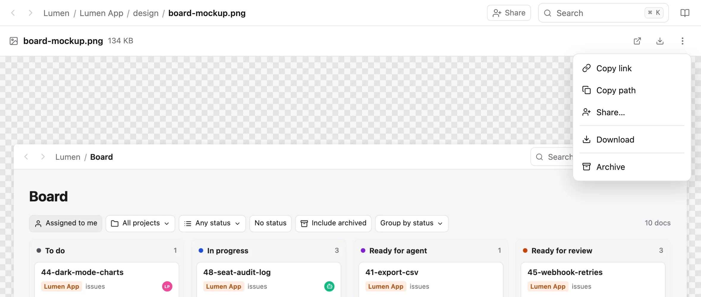 An image open in the previewer with its menu: Copy link, Copy path, Share, Download, Archive