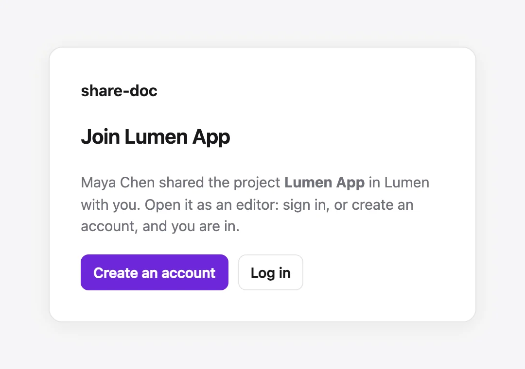 A join link opened signed out: Join Lumen App, with Create an account and Log in