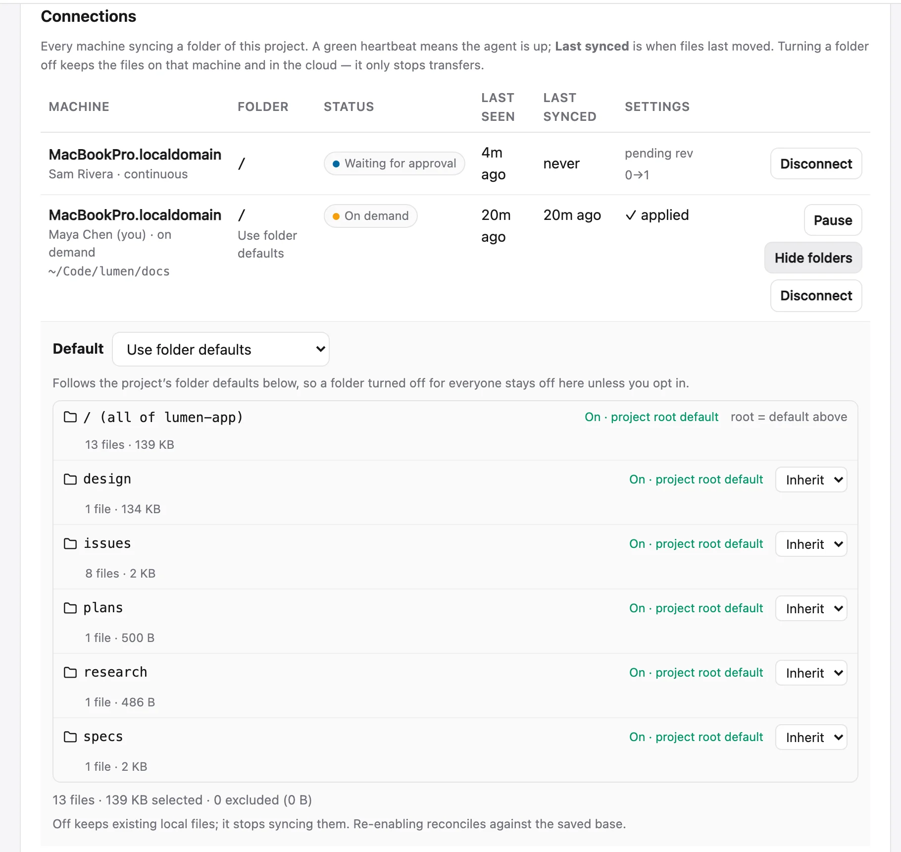 Manage folders on a connection: each folder with its rule, effective state, files and size