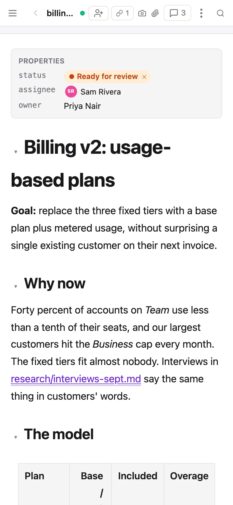 The billing spec on a phone
