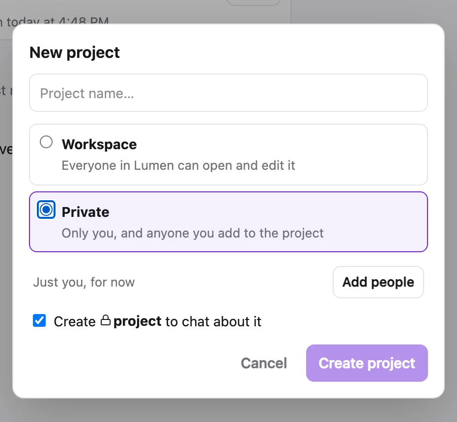 The New project dialog with Private selected