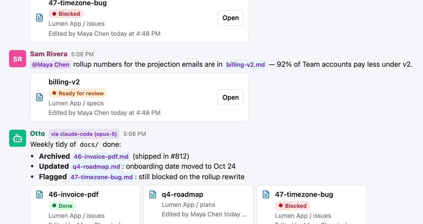 Otto’s weekly tidy post in #lumen-app: archived, updated and flagged docs, each with its card