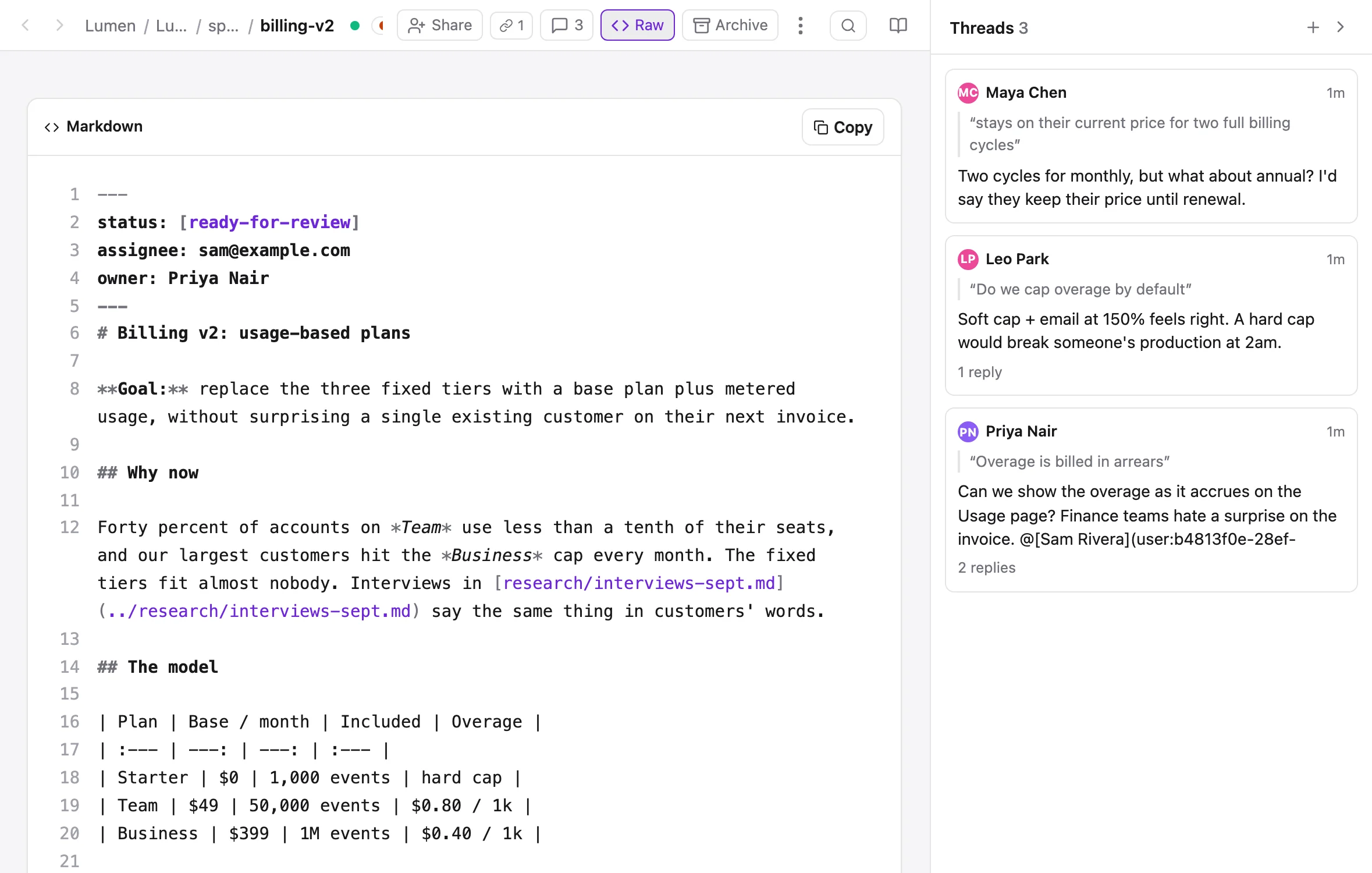 The raw markdown view beside comment threads