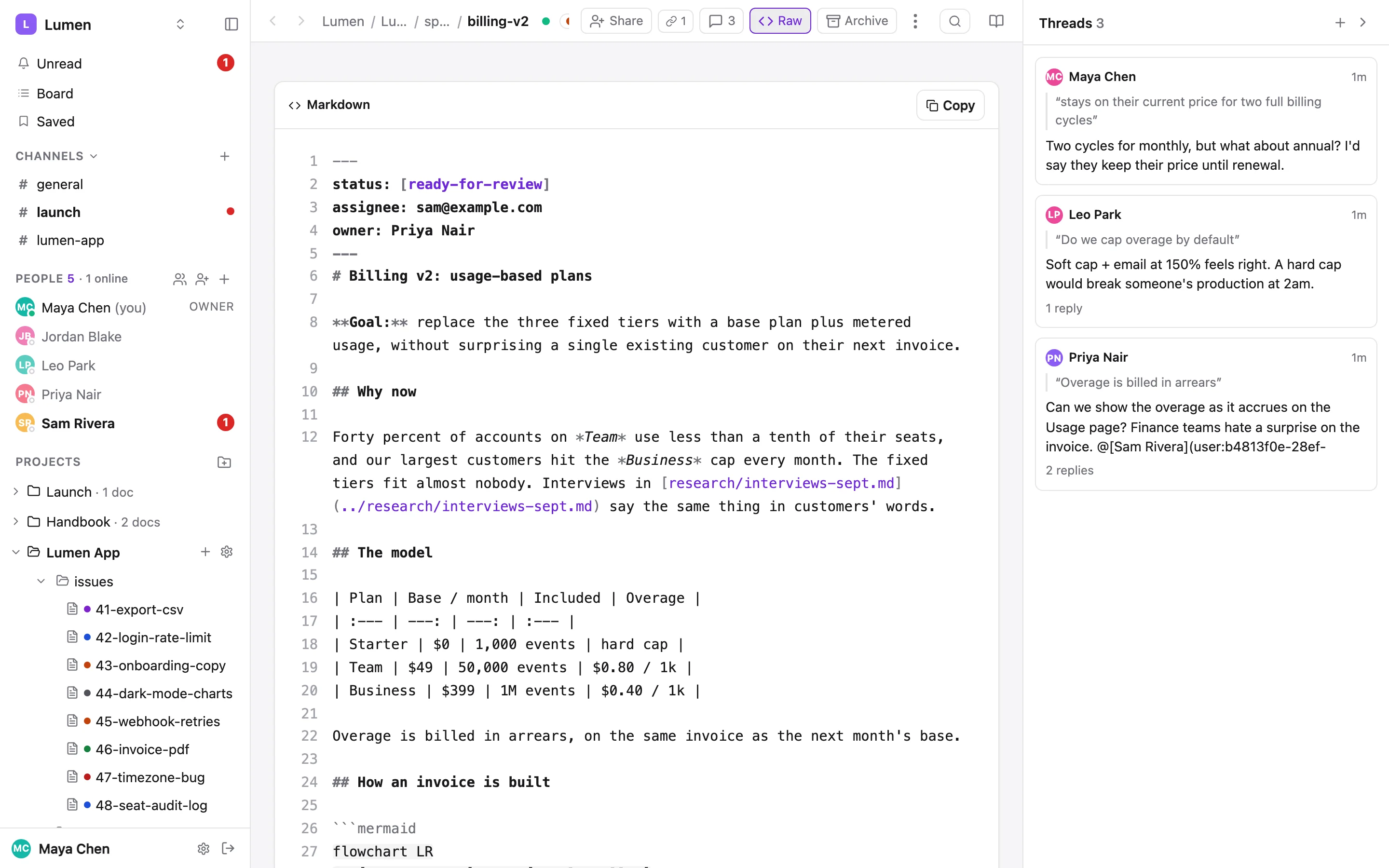 The raw markdown view of billing-v2.md, line-numbered, beside the threads panel