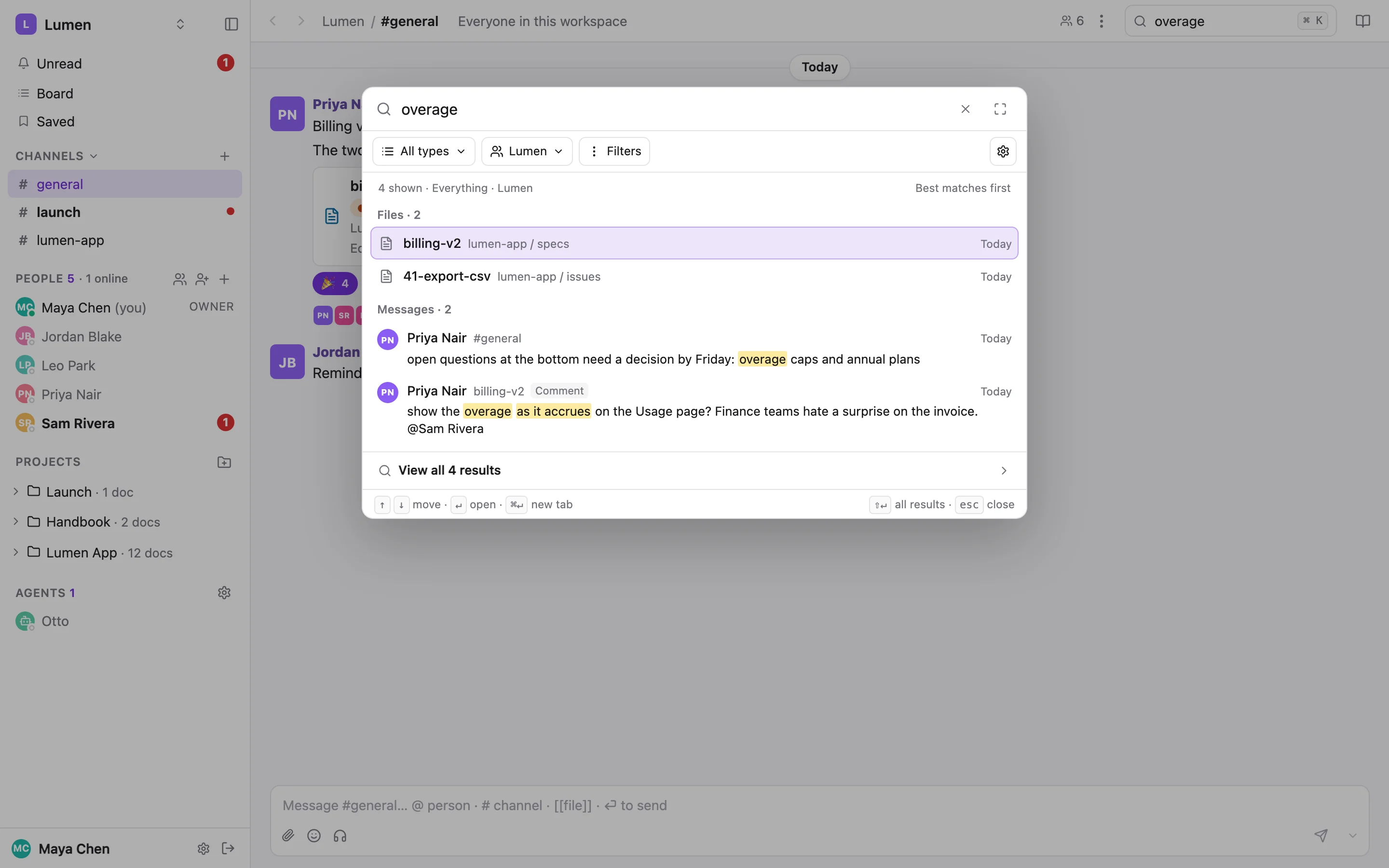 The ⌘K search dialog: two files and two messages matching 'overage', one of them a doc comment
