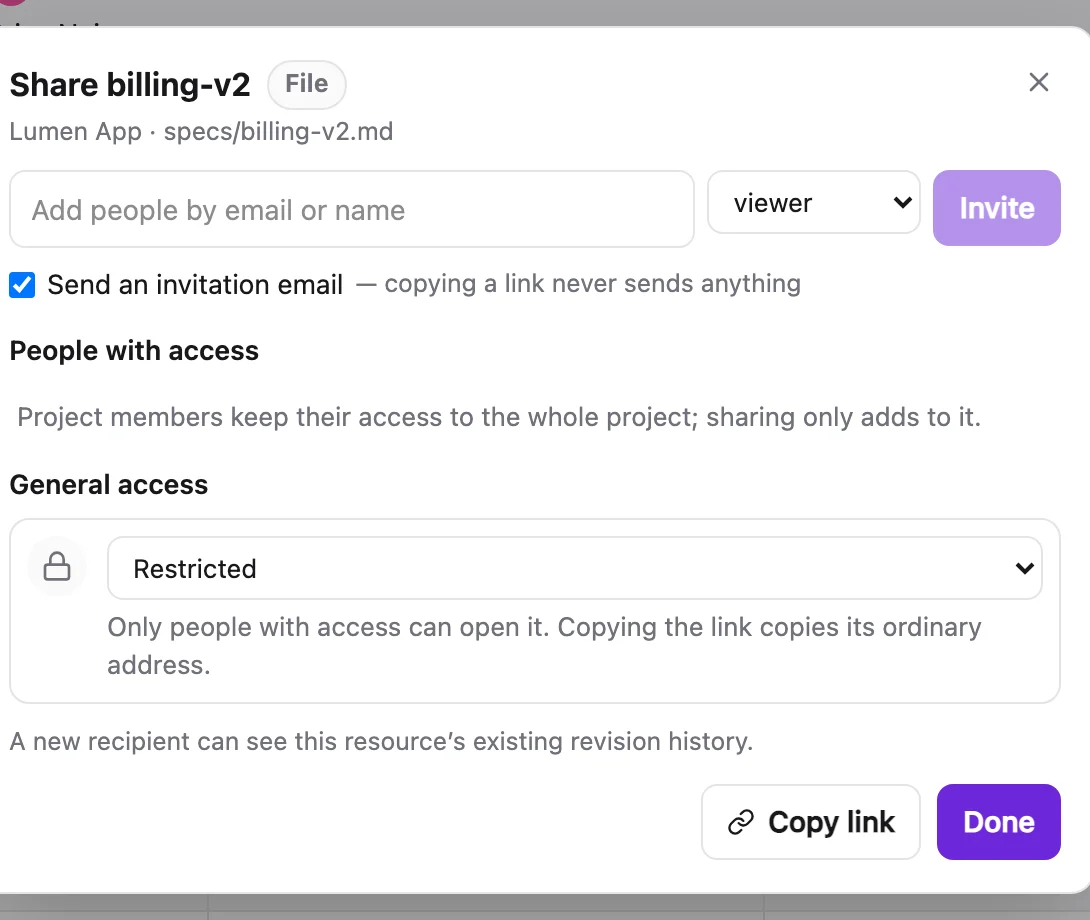 The Share dialog on a doc: add people with a role, people with access, general access