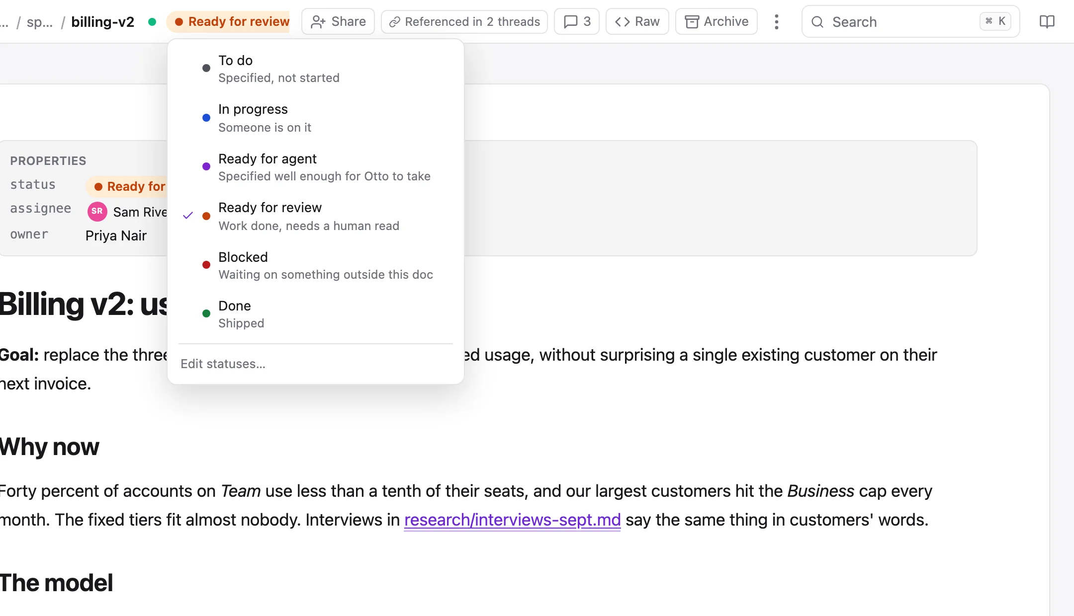 The status list open from the doc header, with Ready for review ticked and a description under each status