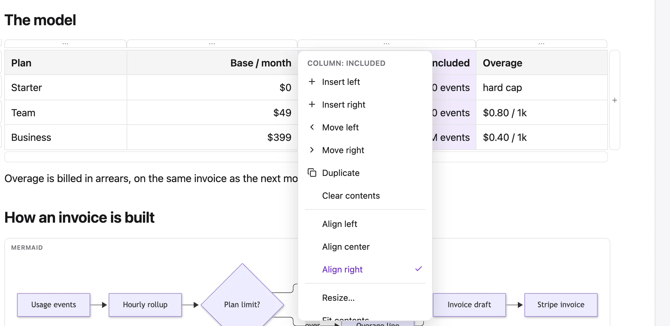 A table with a column grip’s menu open: insert, move, duplicate, clear, align, resize