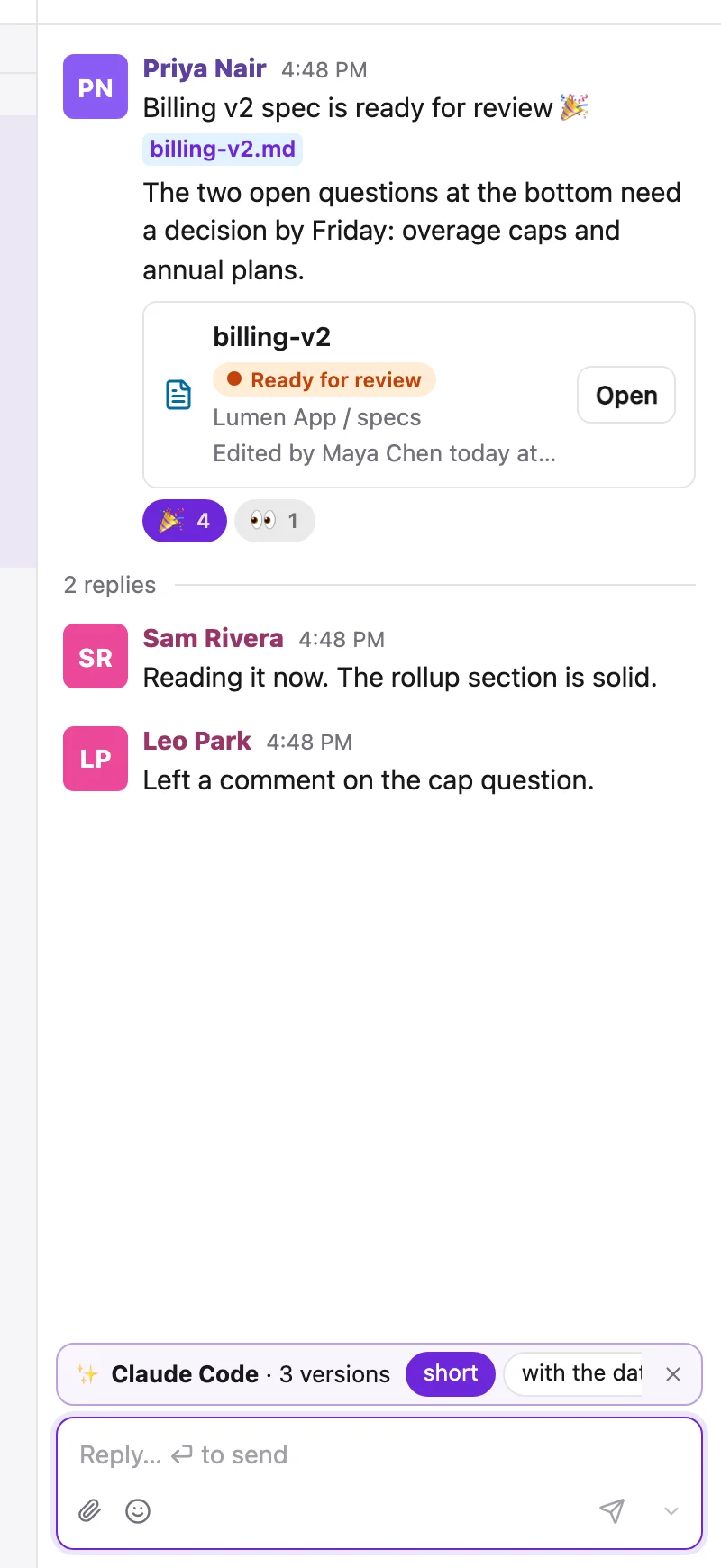 A thread reply composer with Claude Code · 3 versions above it